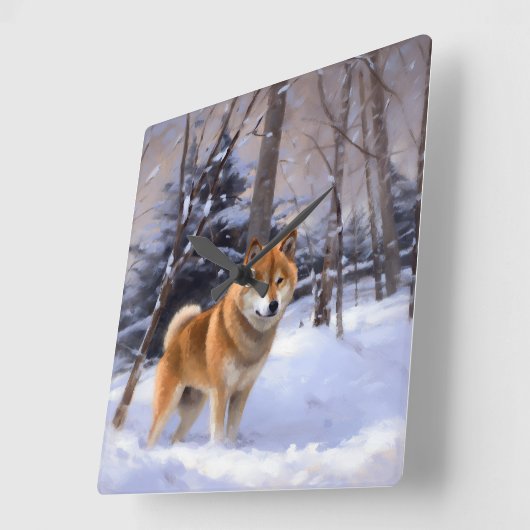 柴犬 雪が降る クリスマス スクエア壁時計 (傾斜)
