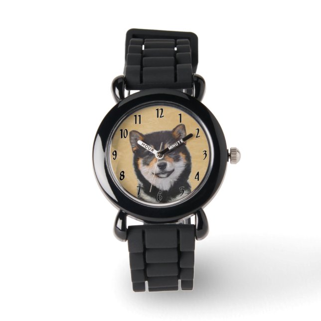 柴犬（黒とタン）絵画ズ – Dog Art 腕時計 (正面)