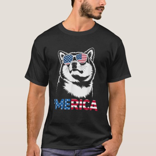 柴犬 7月4日 メリカ ドッグ アメリカ Tシャツ (正面)