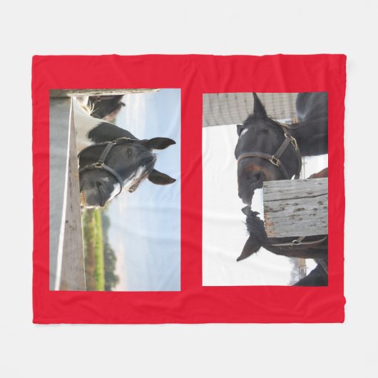 柵で噛む馬 フリースブランケット (正面(横))