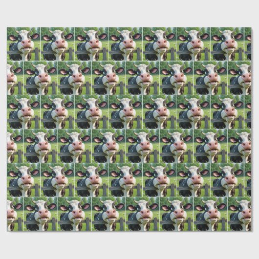 柵の上を覗いている漫画の牛 ラッピングペーパー (フラット)