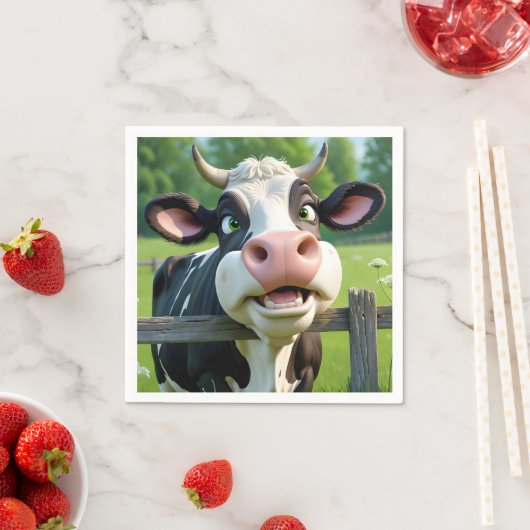 柵の上を覗く漫画の牛 スタンダードカクテルナプキン (インサイチュ)