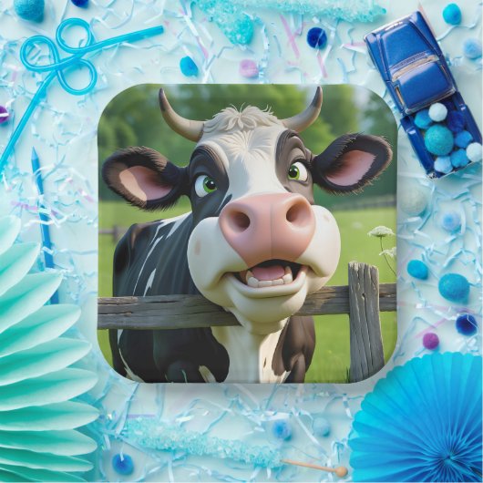 柵の上を覗く漫画の牛 ペーパープレート (パーティー)