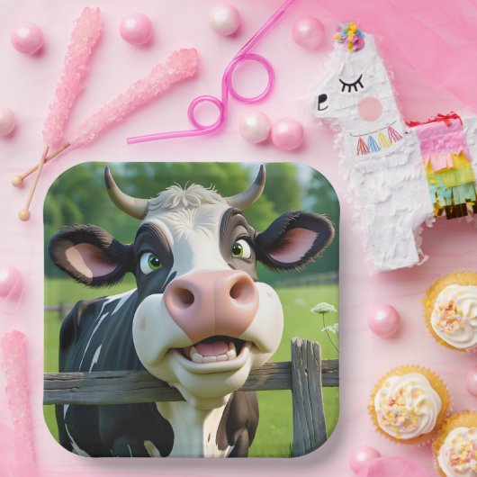 柵の上を覗く漫画の牛 ペーパープレート (パーティー)