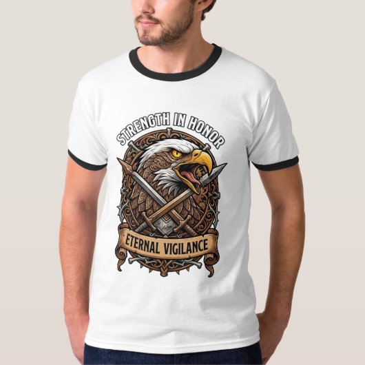 栄誉の中の強さ 永遠の警戒 鷲 Tシャツ (正面)