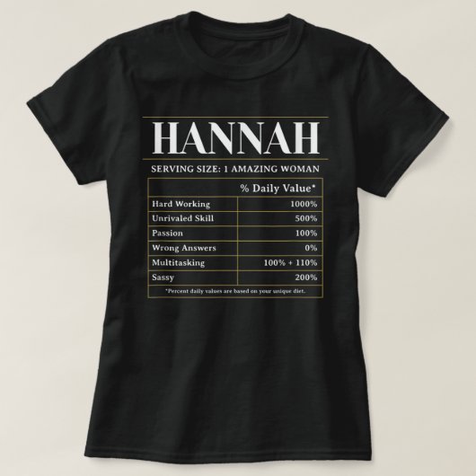 栄養ファクトHannahファーストネームユニークニックネーム Tシャツ (デザイン正面)