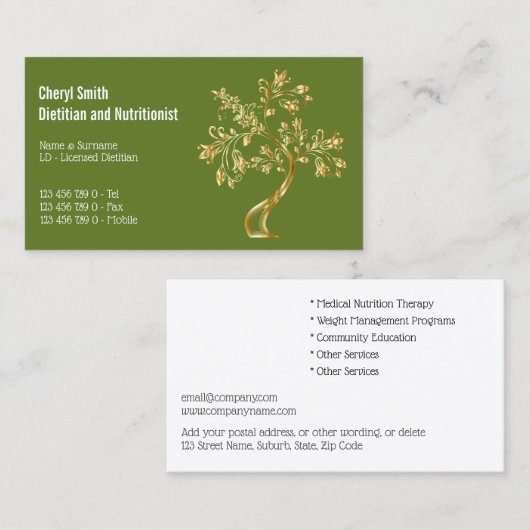 栄養士の金ゴールドグリーンツリーのライフエレガントシック 名刺 (正面/裏面)