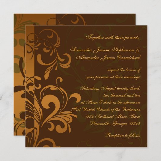 栗の茶色の金ゴールド/緑の渦巻きスクエア結婚ズ 招待状 (正面/裏面)