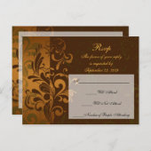栗の茶色の金ゴールド/緑のRSVP返信はがき インビテーションポストカード (正面/裏面)