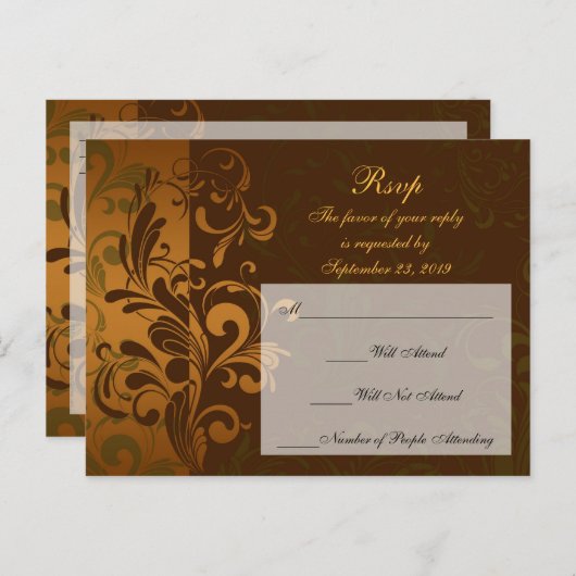 栗の茶色の金ゴールド/緑のRSVP返信はがき インビテーションポストカード (正面/裏面)