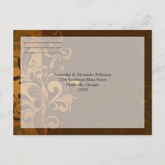 栗の茶色の金ゴールド/緑のRSVP返信はがき インビテーションポストカード (裏面)