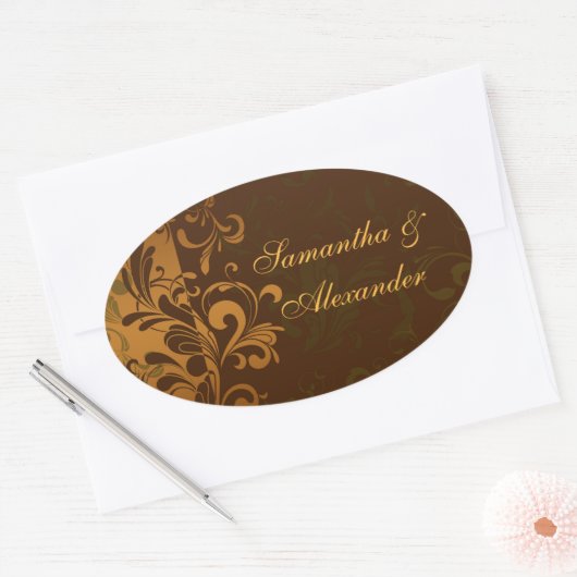 栗の茶色/金ゴールド/緑の渦巻き封筒用シールまたは 楕円形シール (封筒)