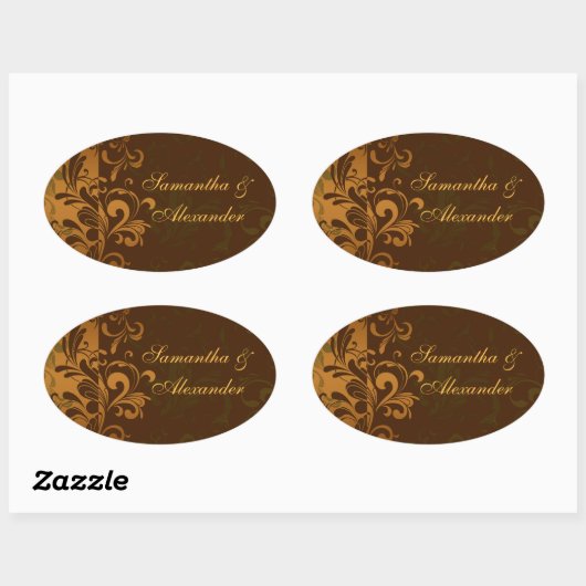 栗の茶色/金ゴールド/緑の渦巻き封筒用シールまたは 楕円形シール (シート)