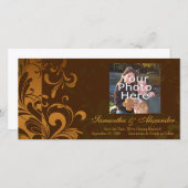 栗の茶色/金ゴールド/緑の渦巻き状フォトカード セーブザデート (正面/裏面)