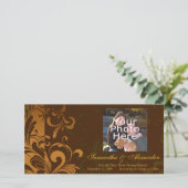 栗の茶色/金ゴールド/緑の渦巻き状フォトカード セーブザデート (スタンド正面)