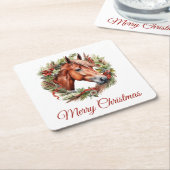 栗の馬とクリスマスリースの水色 スクエアペーパーコースター (アングル)