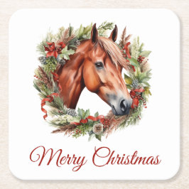 栗の馬とクリスマスリースの水色 スクエアペーパーコースター