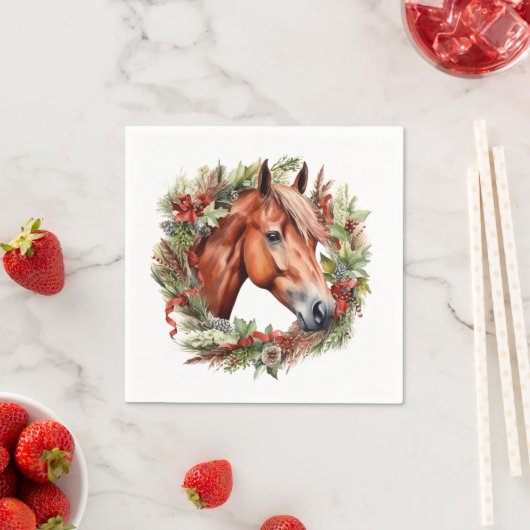 栗の馬とクリスマスリースの水色 スタンダードカクテルナプキン (インサイチュ)