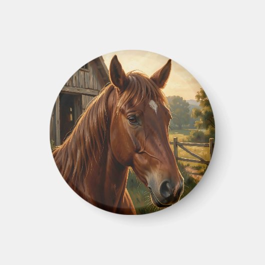 栗毛の馬 ゴールデンアワー 納屋 マグネット (正面)