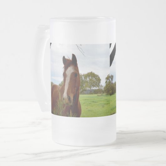 栗色の馬がバンクシアの木の匂いを嗅ぎ フロストグラスビールジョッキ (正面左)