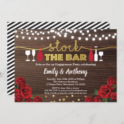 株式のバー招待レッドローズ素朴な木 招待状 (正面/裏面)