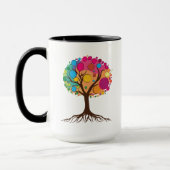 根とカラフルな葉を持つ抽象的な木。 マグカップ (左)