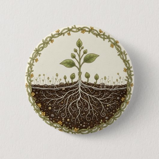 根のある植物のボタニカルアート 缶バッジ (正面)