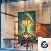 根を持つ知識の古代の白熱［赤熱］光を放つ木 ウィンドウサイン (カフェ窓)