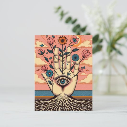 根付き非現実的な庭師の手とピンクの花 ポストカード (スタンド正面)