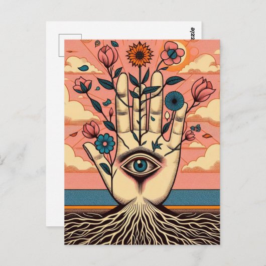 根付き非現実的な庭師の手とピンクの花 ポストカード (正面/裏面)