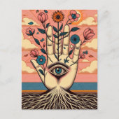 根付き非現実的な庭師の手とピンクの花 ポストカード (正面)