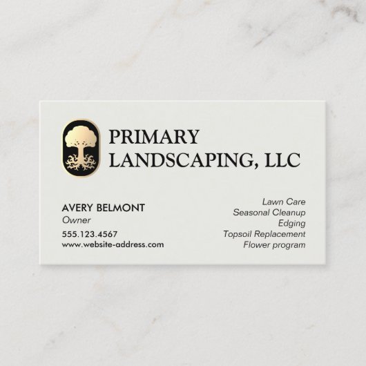 根付の金色の木 - ランドスケープと庭園ケアのデザイン 名刺 (正面)