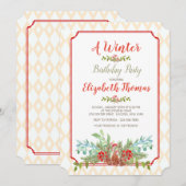 格子フレームの花柄の招待状 招待状 (正面/裏面)