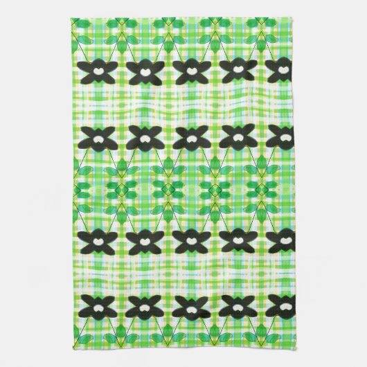 格子付き花タオル キッチンタオル (縦)
