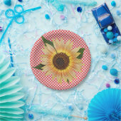 格子柄のひまわり赤と白花 ペーパープレート (パーティー)