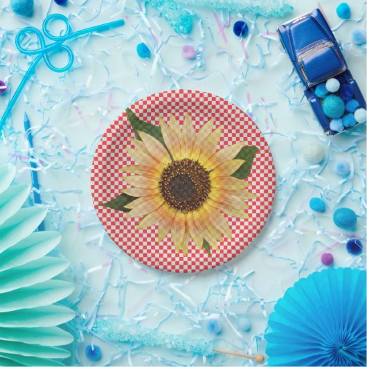 格子柄のひまわり赤と白花 ペーパープレート (パーティー)