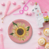 格子柄のひまわり赤と白花 ペーパープレート (パーティー)