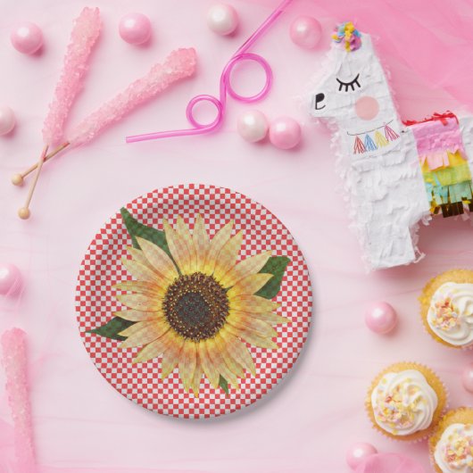 格子柄のひまわり赤と白花 ペーパープレート (パーティー)
