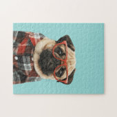 格子柄のシャツのパグ ジグソーパズル (横)