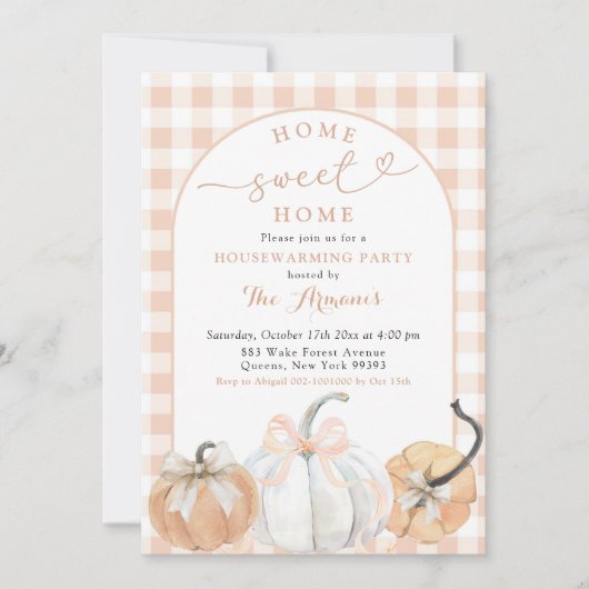 格子柄オレンジカ名門私立校風のンプキン引っ越し祝いパーティーパーティー 招待状 (正面)