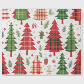 格子模様お洒落のクリスマスツリー ラッピングペーパー (フラット)