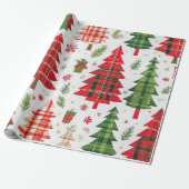 格子模様お洒落のクリスマスツリー ラッピングペーパー (アンロールド)