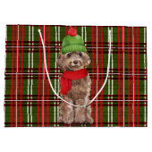 格子模様のクリスマスに茶色のコックパプー犬 ラージペーパーバッグ (裏面)