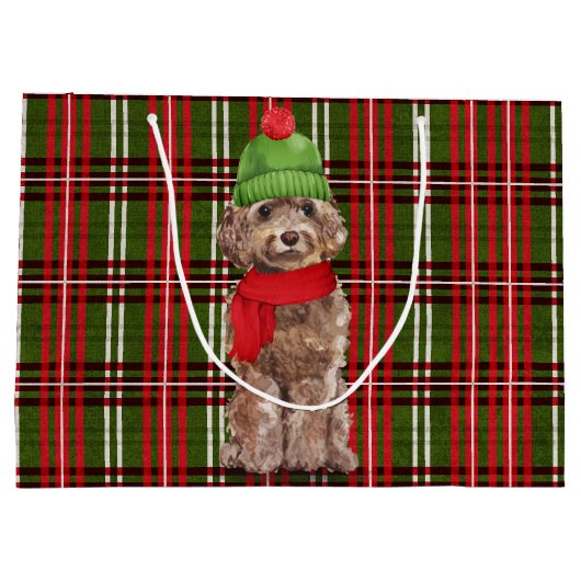 格子模様のクリスマスに茶色のコックパプー犬 ラージペーパーバッグ (裏面)