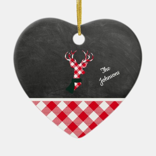 格子模様のクリスマストナカイパーソナライズされたシャルボード セラミックオーナメント (正面)