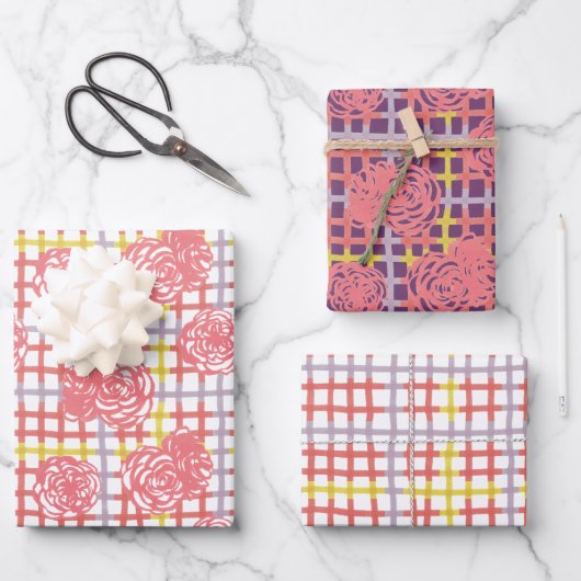 格子模様のバラ ラッピングペーパーシート (正面)