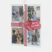 格子模様のリボンと弓4フォトコラージクリスマス ガラスオーナメント (正面左)