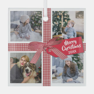 格子模様のリボンと弓4フォトコラージクリスマス ガラスオーナメント