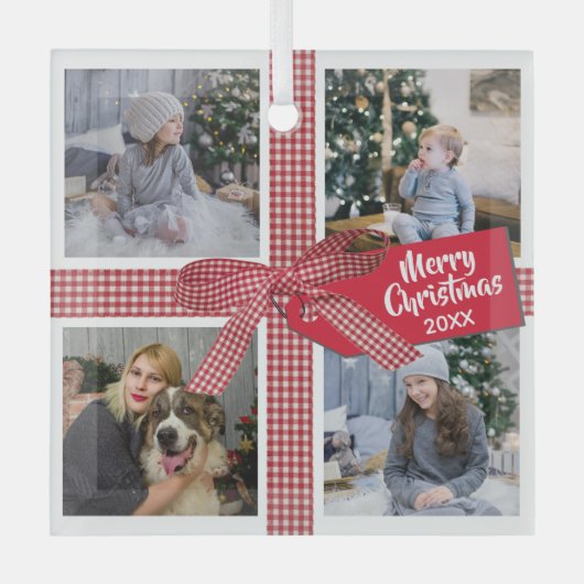 格子模様のリボンと弓4フォトコラージクリスマス ガラスオーナメント (正面)