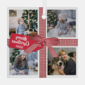 格子模様のリボンと弓4フォトコラージクリスマス ガラスオーナメント (裏面)